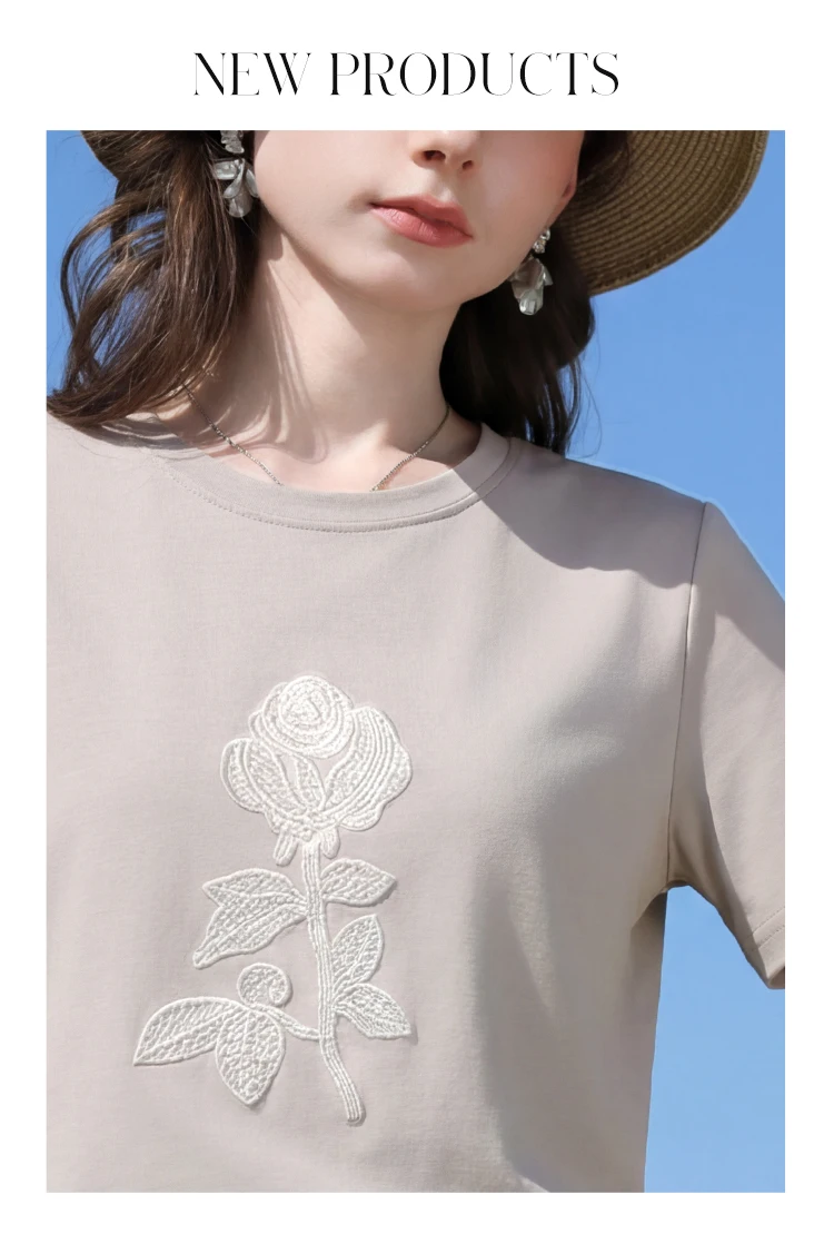 I BELIEVE YOU Elegant Casual Round Neck Short Sleeved T-Shirt 2026 Summer New Flower Embroidered Commuter Top Women 2263016343