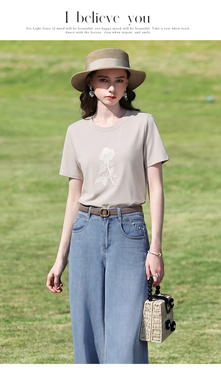 I BELIEVE YOU Elegant Casual Round Neck Short Sleeved T-Shirt 2026 Summer New Flower Embroidered Commuter Top Women 2263016343