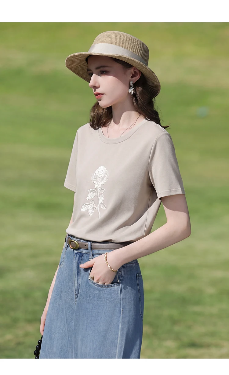 I BELIEVE YOU Elegant Casual Round Neck Short Sleeved T-Shirt 2026 Summer New Flower Embroidered Commuter Top Women 2263016343