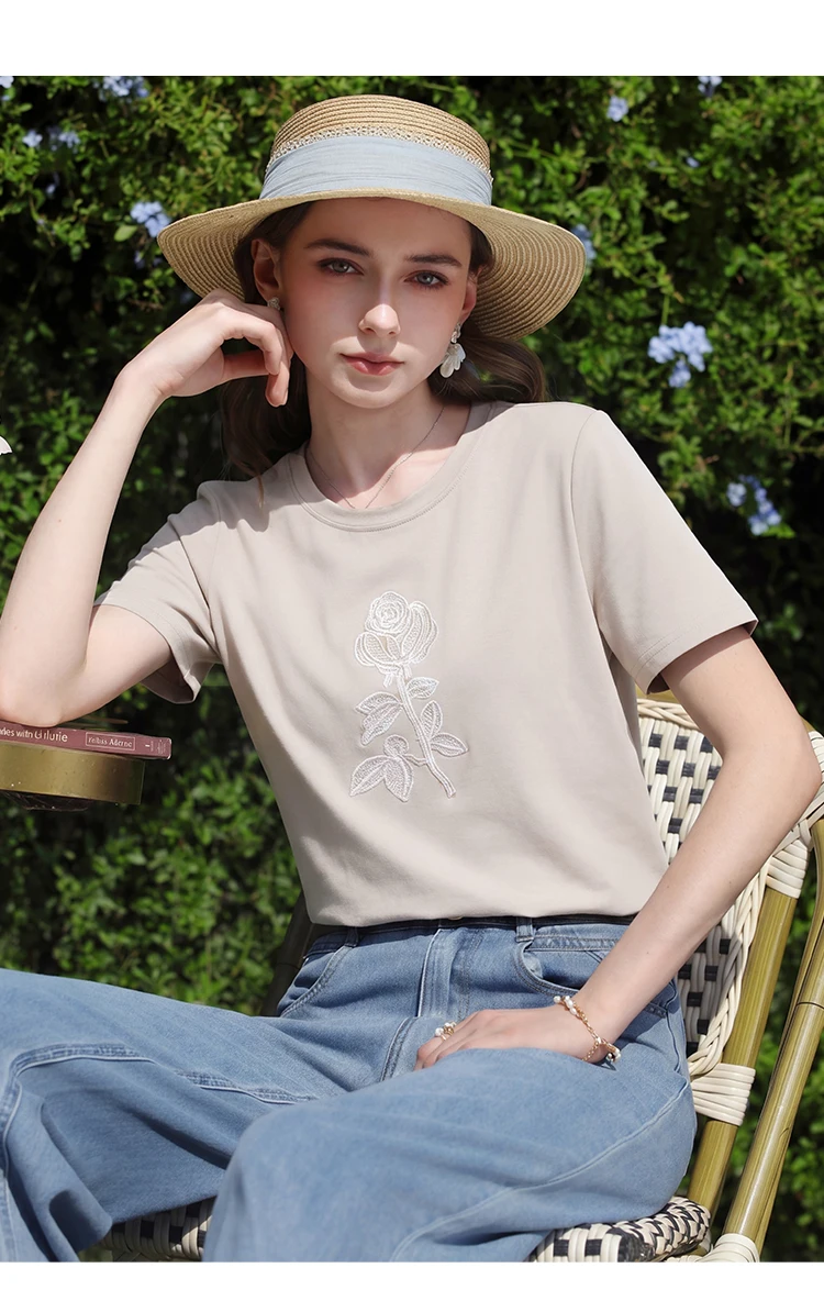 I BELIEVE YOU Elegant Casual Round Neck Short Sleeved T-Shirt 2026 Summer New Flower Embroidered Commuter Top Women 2263016343