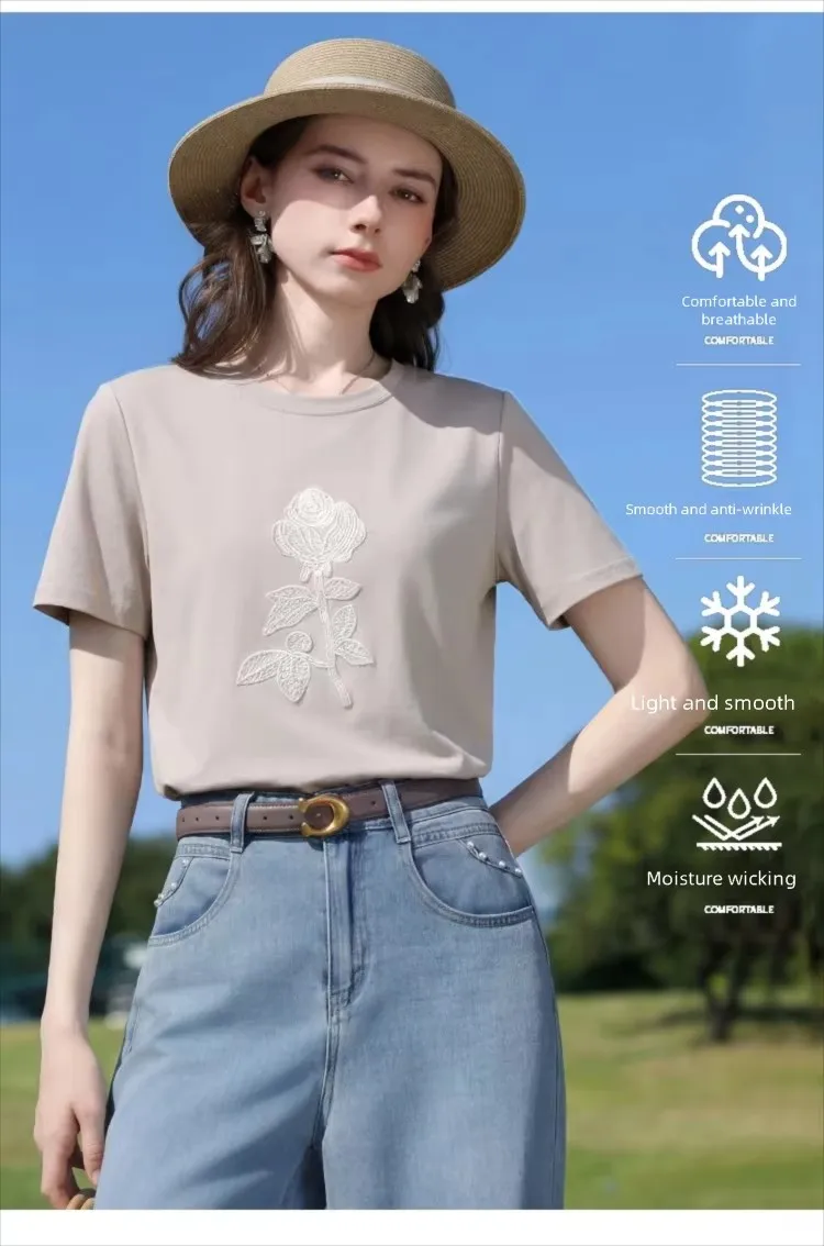 I BELIEVE YOU Elegant Casual Round Neck Short Sleeved T-Shirt 2026 Summer New Flower Embroidered Commuter Top Women 2263016343