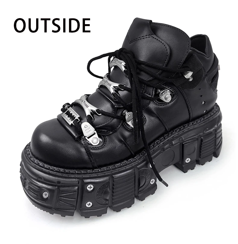 New Women Shoes Punk Style Lace-up Heel Height 8CM Platform Shoes Woman Gothic Ankle Rock Boots Metal Decor Women Sneakers 2026