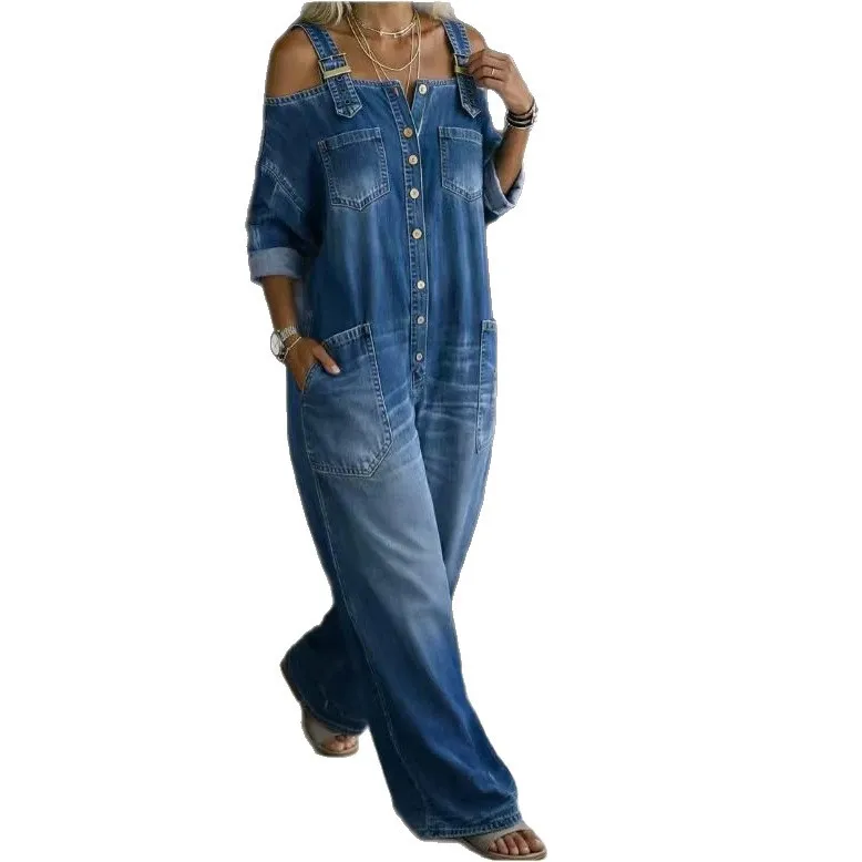 Sexy Off Shoulder Denim Overall Jumpsuit Pockets Wide Leg Playsuit