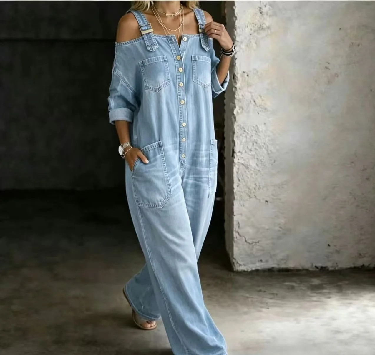Sexy Off Shoulder Denim Overall Jumpsuit Pockets Wide Leg Playsuit