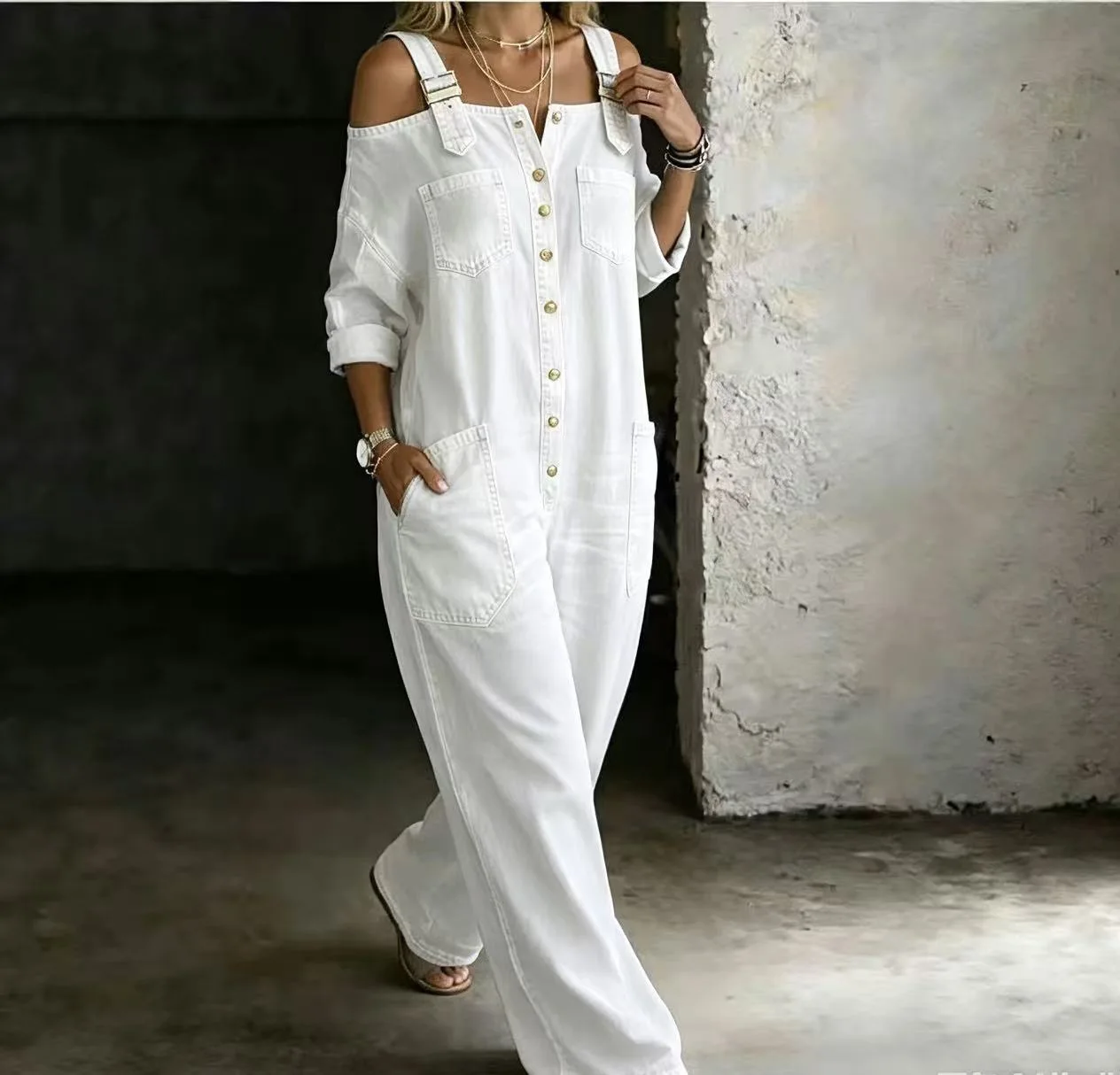 Sexy Off Shoulder Denim Overall Jumpsuit Pockets Wide Leg Playsuit
