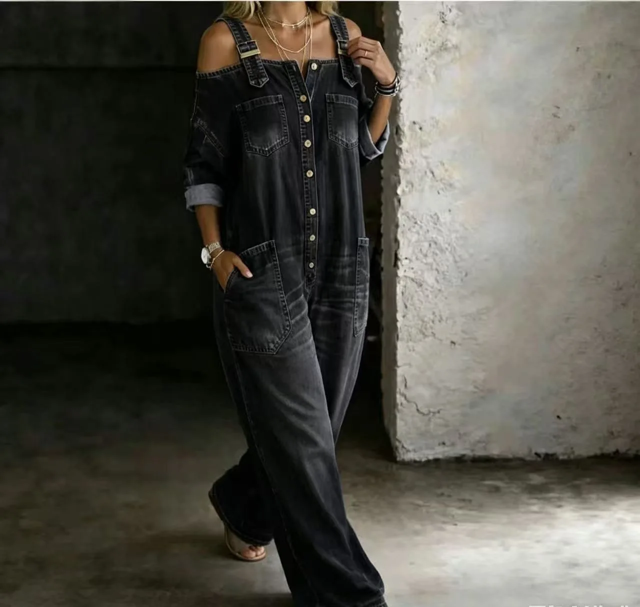 Sexy Off Shoulder Denim Overall Jumpsuit Pockets Wide Leg Playsuit