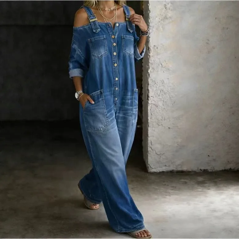 Sexy Off Shoulder Denim Overall Jumpsuit Pockets Wide Leg Playsuit