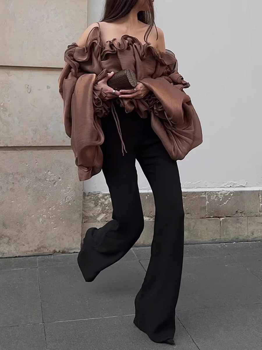 TWOTWINSTYLE Spliced Folds Shirts for Women Slash Neck Long Sleeve Loose Solid Casual Pullover Blouse Female Fashion Clothes New