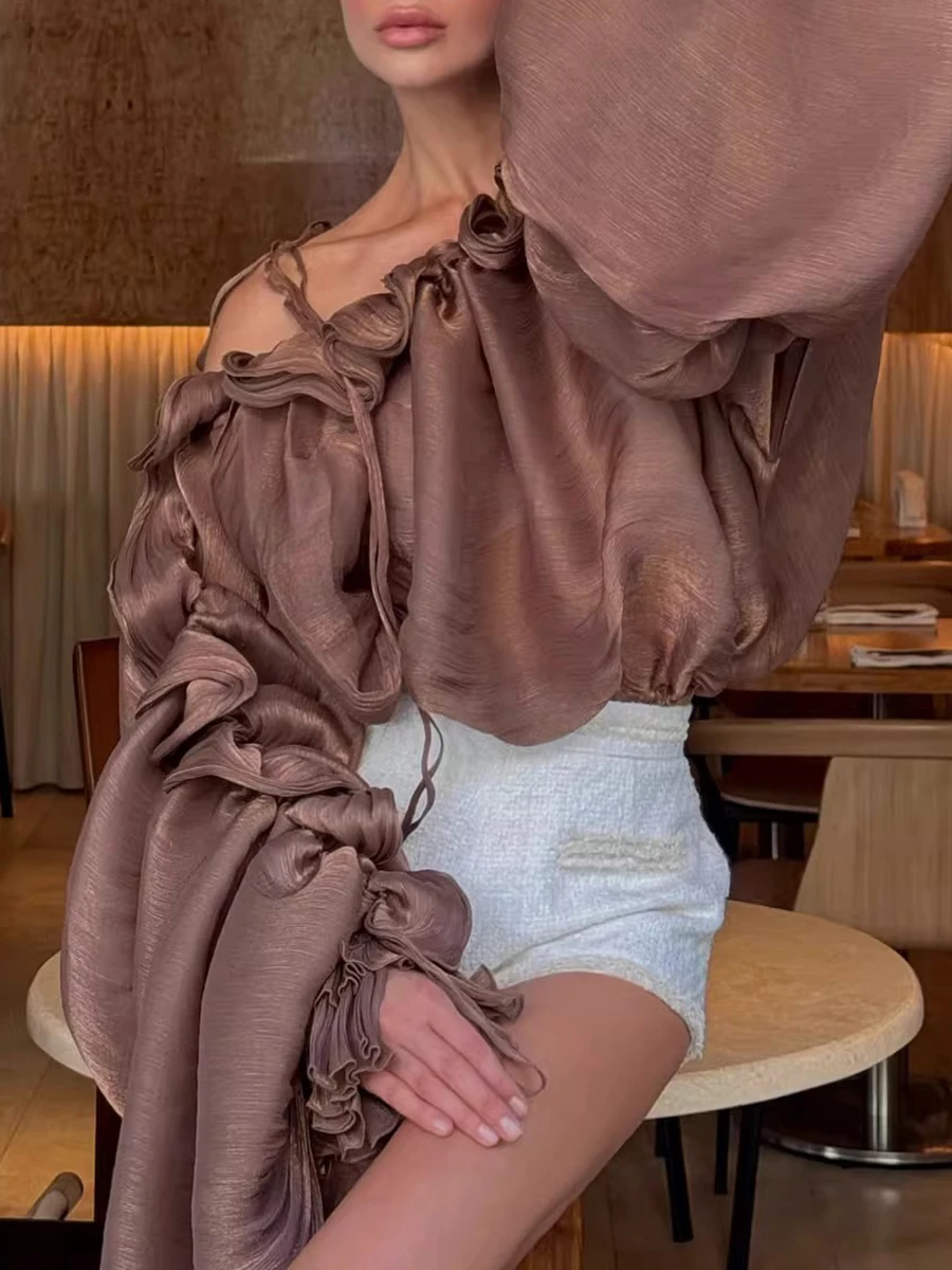 TWOTWINSTYLE Spliced Folds Shirts for Women Slash Neck Long Sleeve Loose Solid Casual Pullover Blouse Female Fashion Clothes New