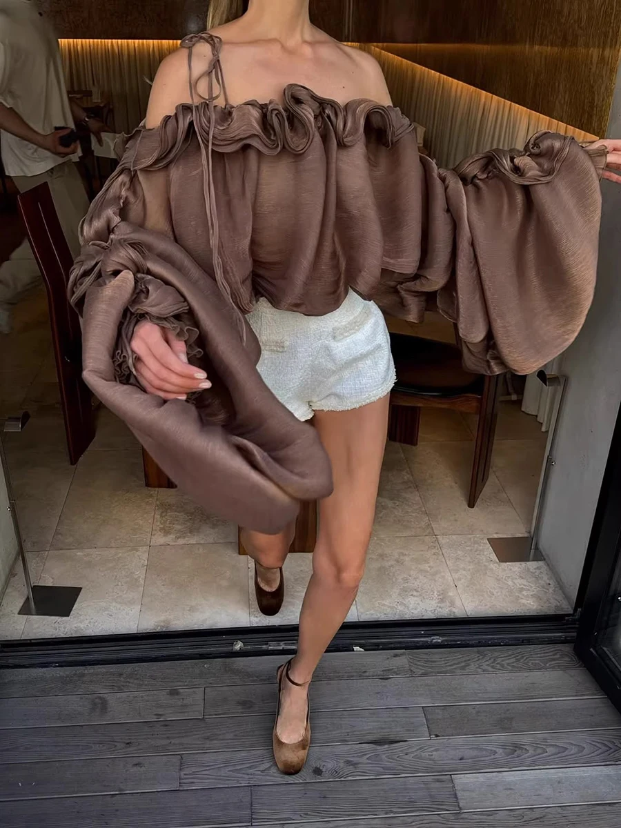 TWOTWINSTYLE Spliced Folds Shirts for Women Slash Neck Long Sleeve Loose Solid Casual Pullover Blouse Female Fashion Clothes New