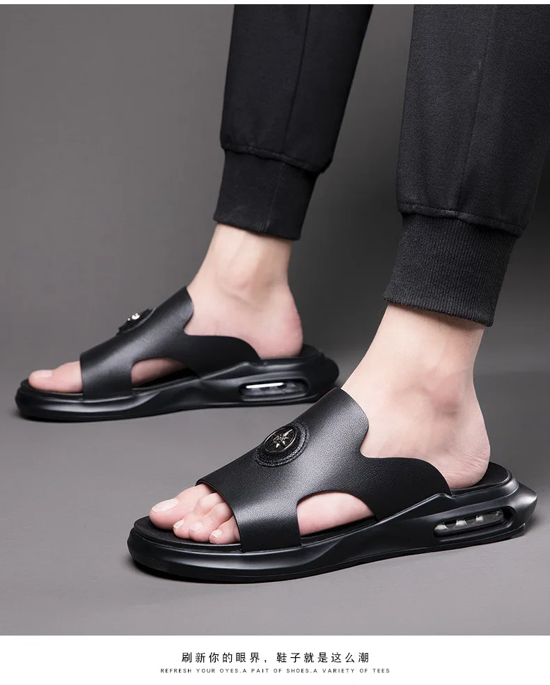 New Luxury Men's Genuine Leather Sandals Classic Roman Men Shoes Slippers Soft Comfortable Men Non-slip Walking Slippers Footwea