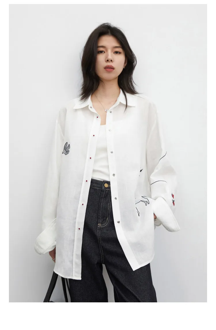 CHIC VEN Fashion Women Shirt White Single-breasted Loose Casual Long Sleeve Pony Embroidered Female Blouses Spring Summer 2026