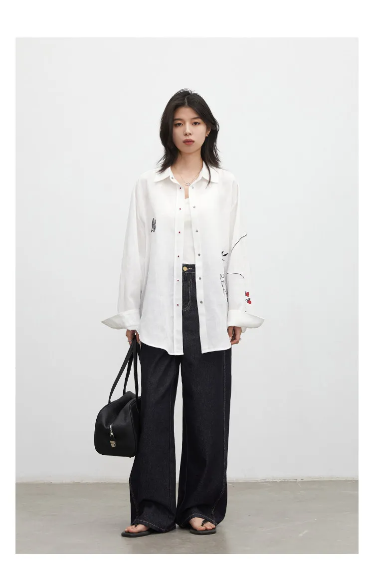 CHIC VEN Fashion Women Shirt White Single-breasted Loose Casual Long Sleeve Pony Embroidered Female Blouses Spring Summer 2026