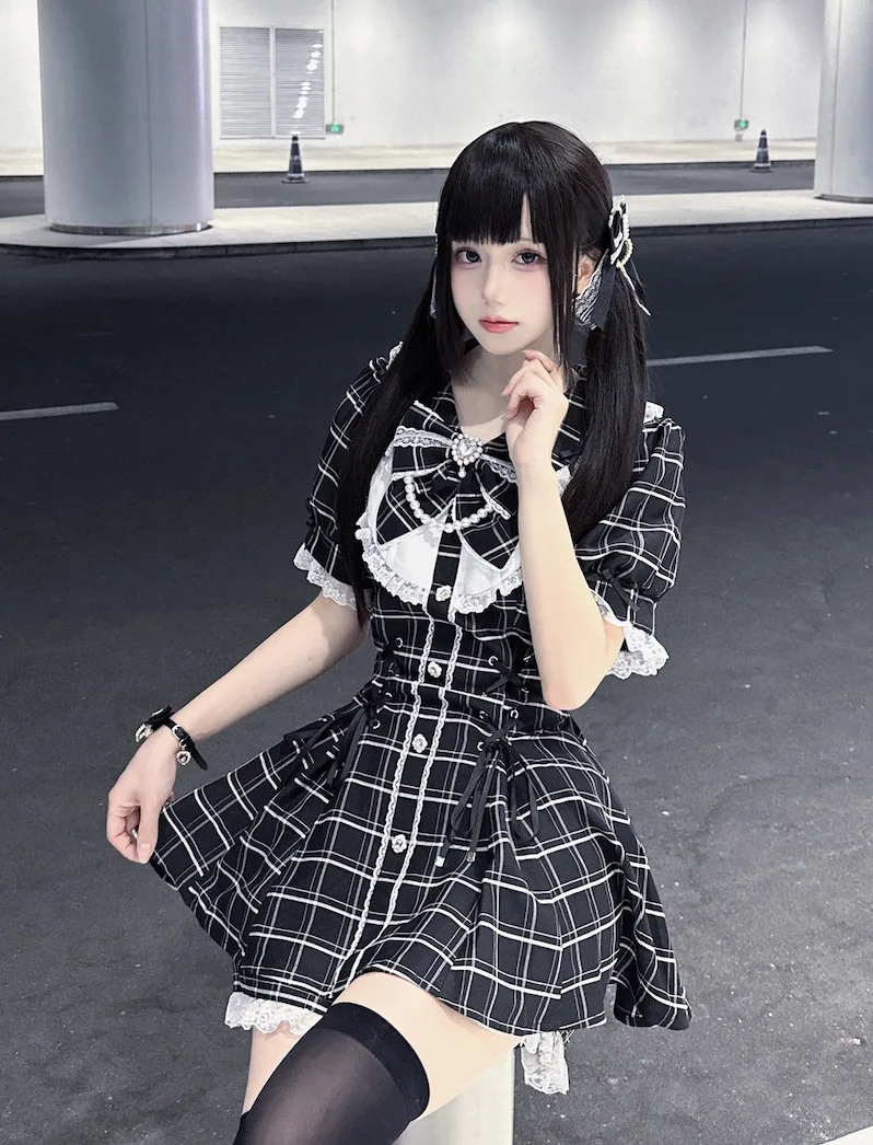 College-Style Retro Gray Plaid Shirt Dress for Women, Summer Sweet Little Girl's Bow Lace Waist-Cinching Short Dress