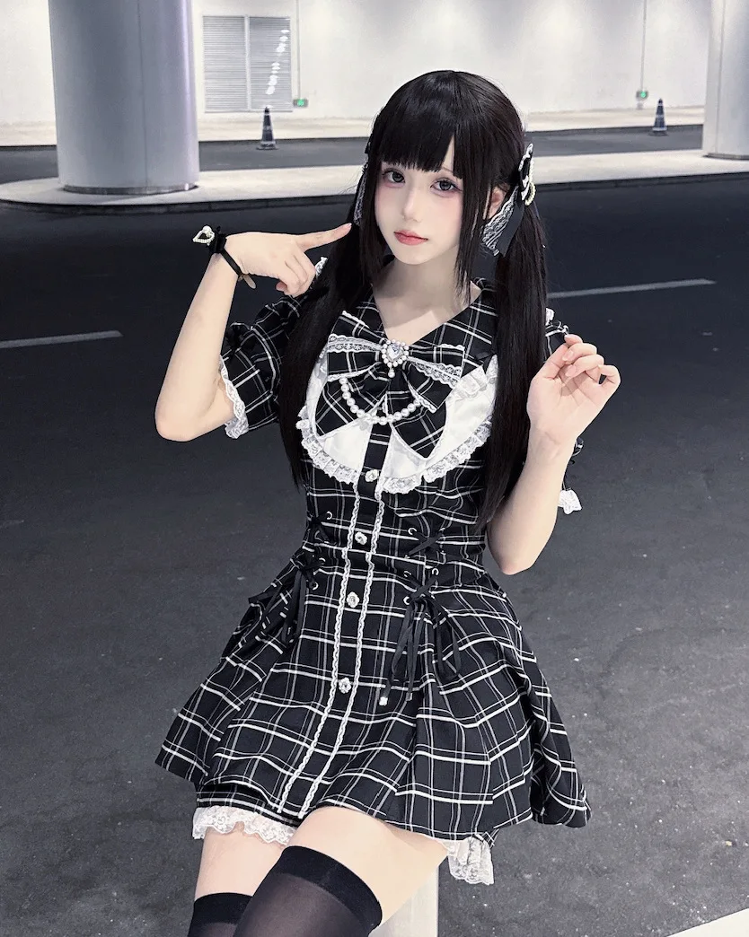 College-Style Retro Gray Plaid Shirt Dress for Women, Summer Sweet Little Girl's Bow Lace Waist-Cinching Short Dress