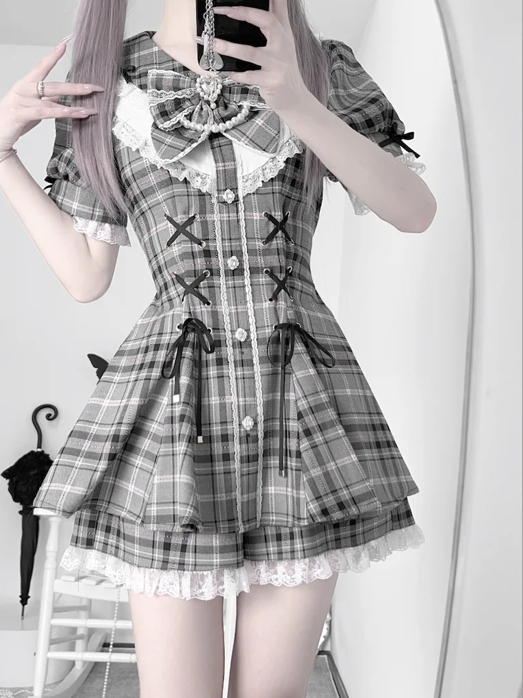College-Style Retro Gray Plaid Shirt Dress for Women, Summer Sweet Little Girl's Bow Lace Waist-Cinching Short Dress