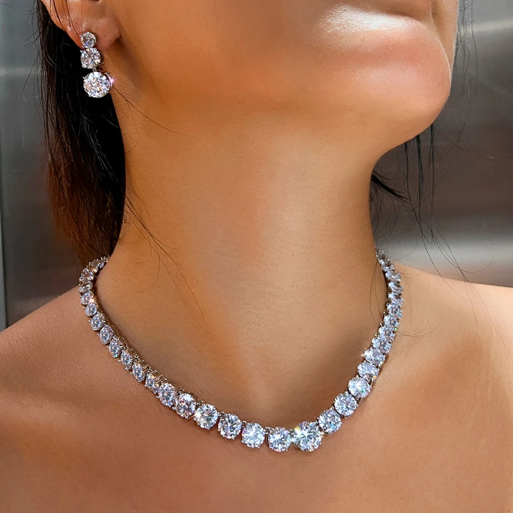 ThreeGraces Elegant Shiny Pink Round Cubic Zirconia Tennis Necklace Earrings Wedding Bridal Party Jewelry Set for Women T1216