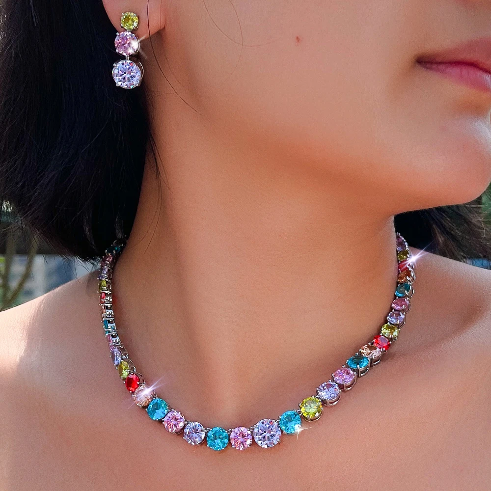 ThreeGraces Elegant Shiny Pink Round Cubic Zirconia Tennis Necklace Earrings Wedding Bridal Party Jewelry Set for Women T1216