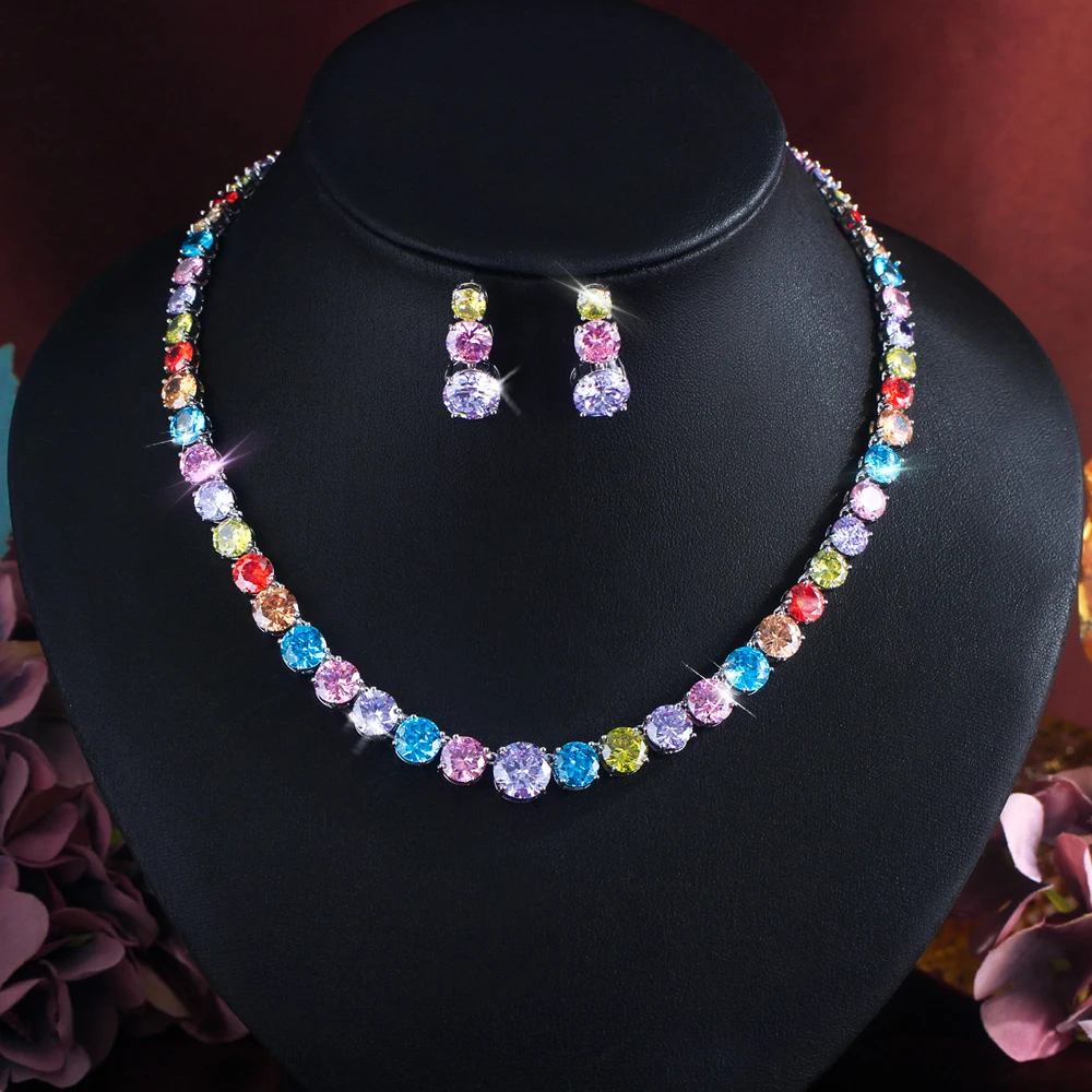 ThreeGraces Elegant Shiny Pink Round Cubic Zirconia Tennis Necklace Earrings Wedding Bridal Party Jewelry Set for Women T1216