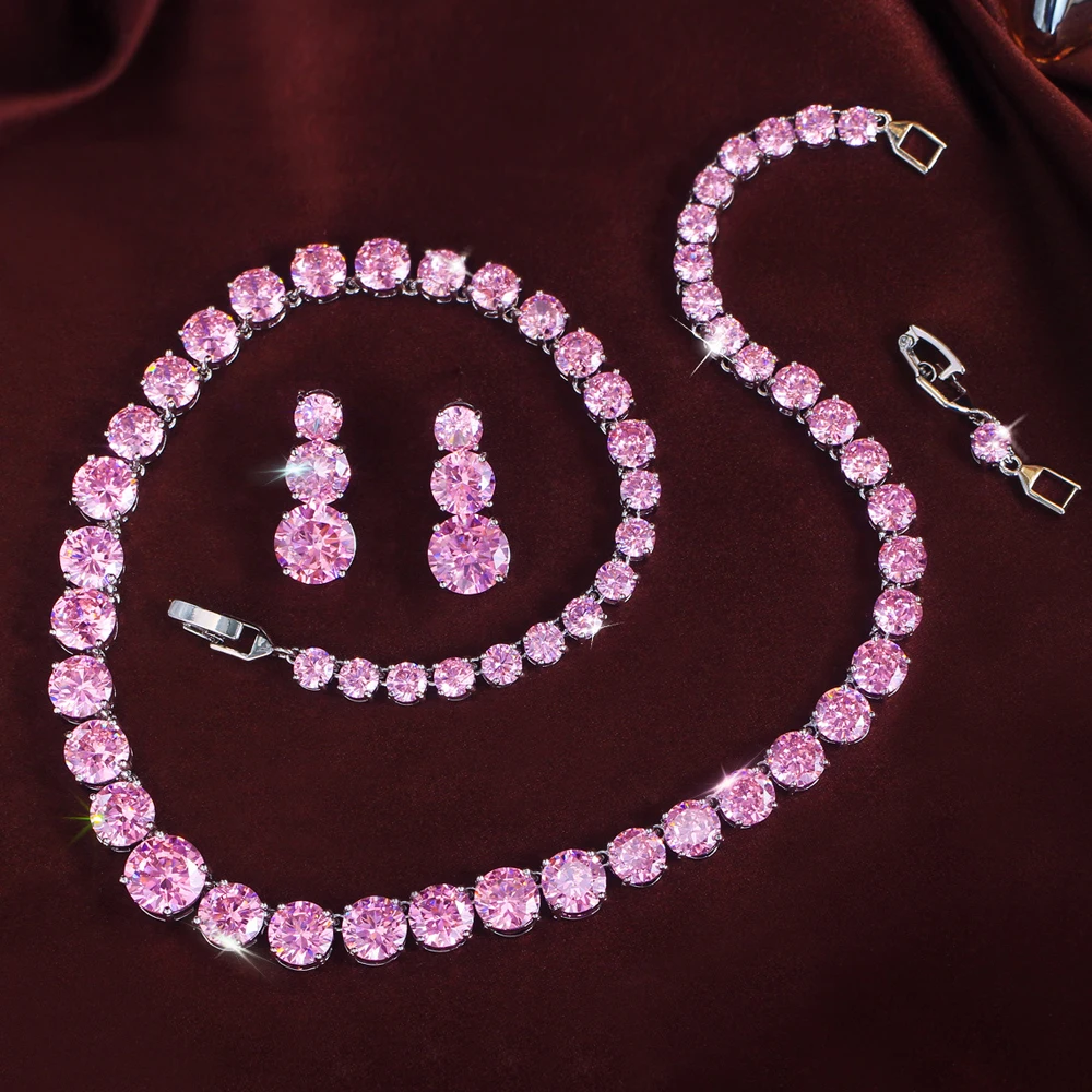 ThreeGraces Elegant Shiny Pink Round Cubic Zirconia Tennis Necklace Earrings Wedding Bridal Party Jewelry Set for Women T1216