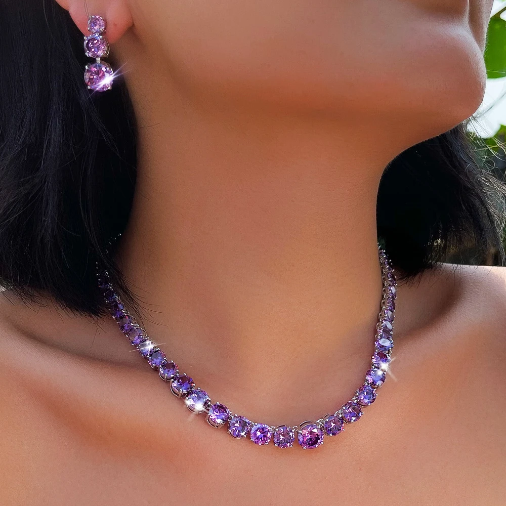 ThreeGraces Elegant Shiny Pink Round Cubic Zirconia Tennis Necklace Earrings Wedding Bridal Party Jewelry Set for Women T1216