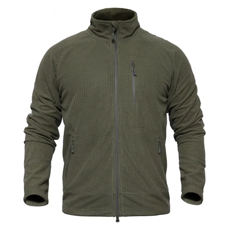 Men's Tactical Grid Fleece Jacket Full Zip Stand Collar Warm Windproof Outdoor Hiking Fishing Fleece Coat Base Layer
