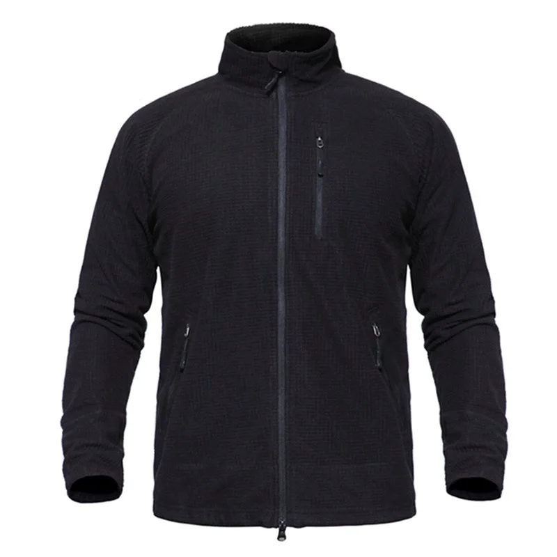 Men's Tactical Grid Fleece Jacket Full Zip Stand Collar Warm Windproof Outdoor Hiking Fishing Fleece Coat Base Layer