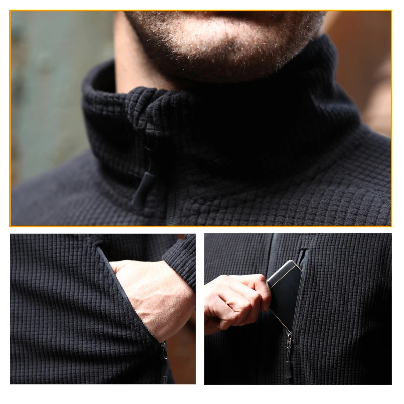 Men's Tactical Grid Fleece Jacket Full Zip Stand Collar Warm Windproof Outdoor Hiking Fishing Fleece Coat Base Layer