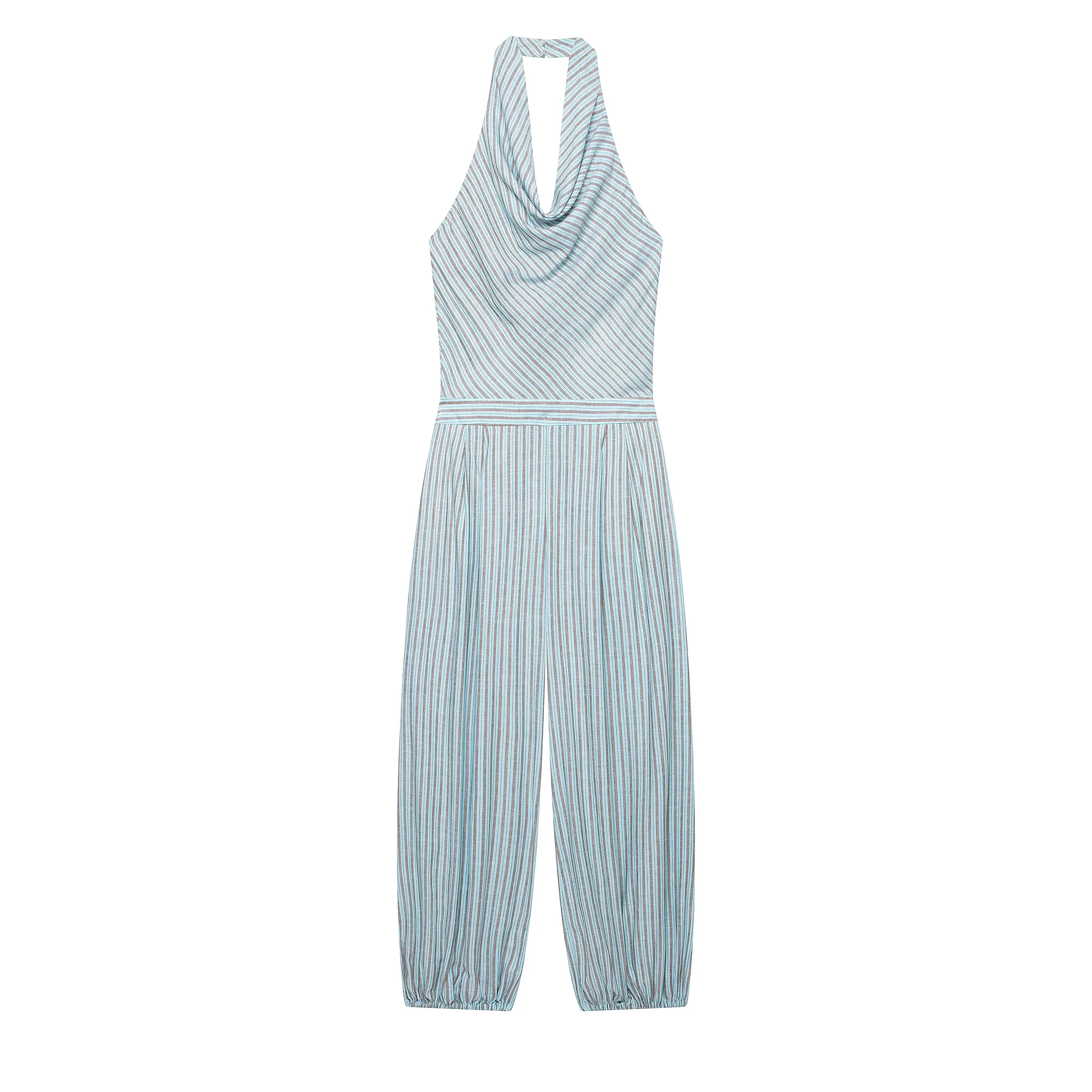 KONDALA Women Elegant Striped Halter Long Jumpsuit 2026 Summer Trendy Holiday Leisure Playsuits Chic Ladies Sleeveless Jumpsuit