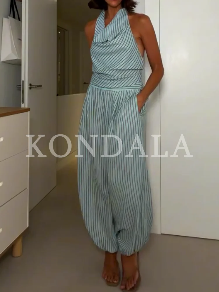 KONDALA Women Elegant Striped Halter Long Jumpsuit 2026 Summer Trendy Holiday Leisure Playsuits Chic Ladies Sleeveless Jumpsuit