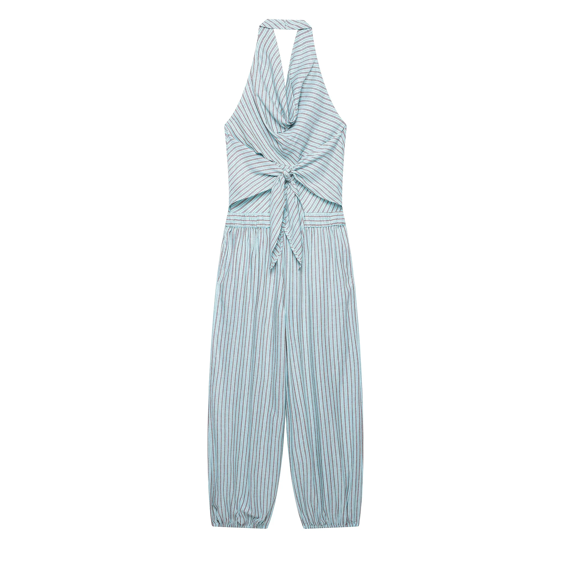 KONDALA Women Elegant Striped Halter Long Jumpsuit 2026 Summer Trendy Holiday Leisure Playsuits Chic Ladies Sleeveless Jumpsuit