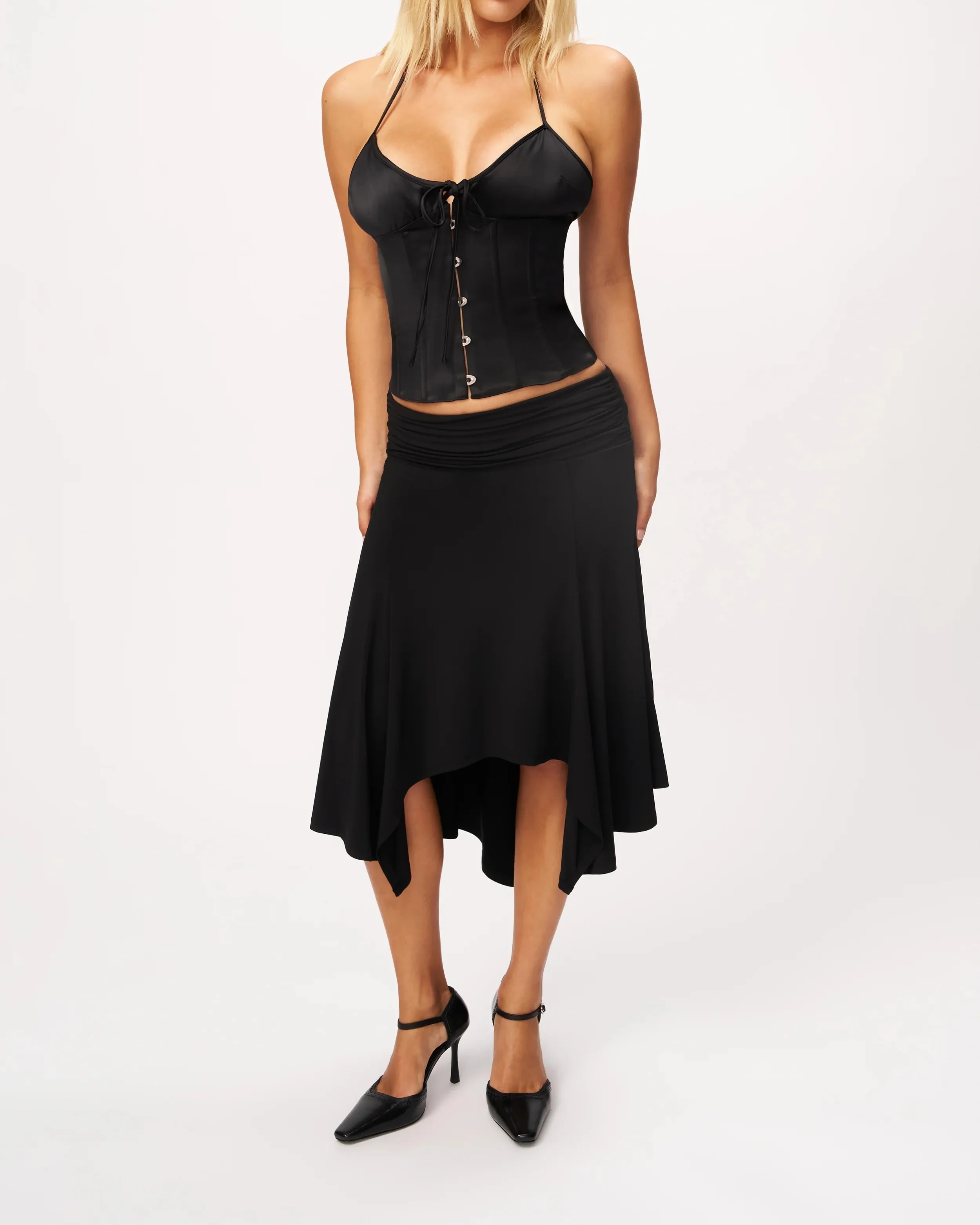 Guz Low-Waist Pleated Irregular Skirt, Vintage Drapey Elastic Mid-Length Asymmetrical Hem Sexy Skirt, Pleated Irregular Mid-Length Skirt, Slimming Large Hem Fishtail Skirt, Black Drapey Skirt