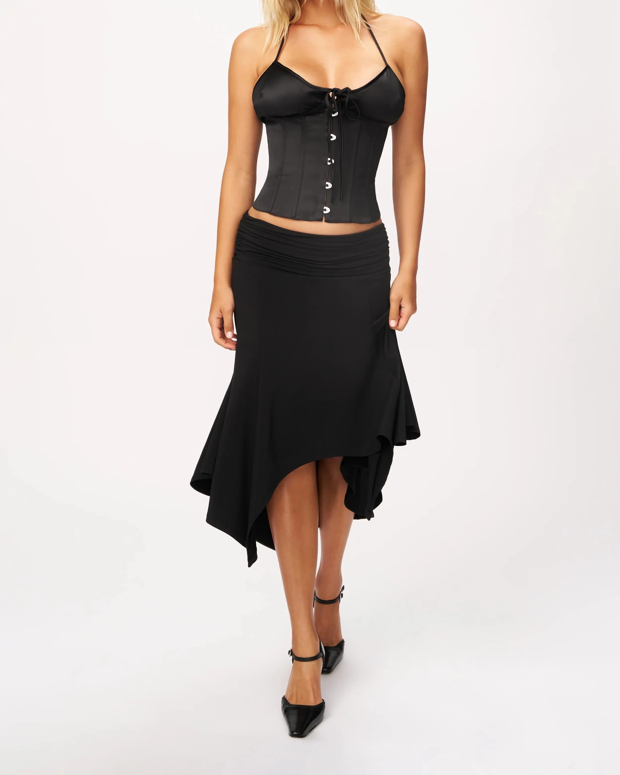 Guz Low-Waist Pleated Irregular Skirt, Vintage Drapey Elastic Mid-Length Asymmetrical Hem Sexy Skirt, Pleated Irregular Mid-Length Skirt, Slimming Large Hem Fishtail Skirt, Black Drapey Skirt