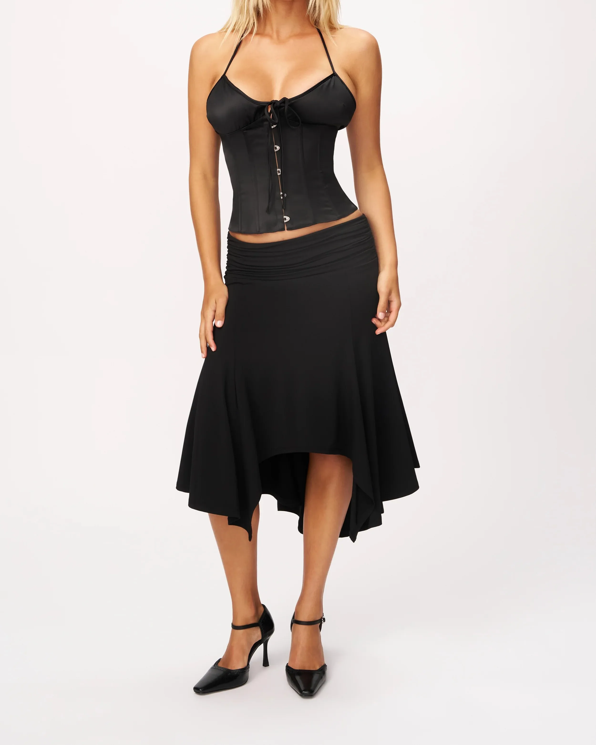 Guz Low-Waist Pleated Irregular Skirt, Vintage Drapey Elastic Mid-Length Asymmetrical Hem Sexy Skirt, Pleated Irregular Mid-Length Skirt, Slimming Large Hem Fishtail Skirt, Black Drapey Skirt