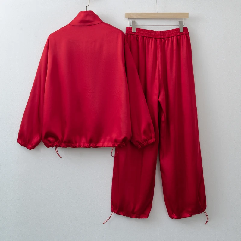 2026 Women Fall Autumn Satin Red Sports style Jacket and Pants sets