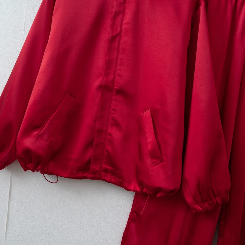 2026 Women Fall Autumn Satin Red Sports style Jacket and Pants sets