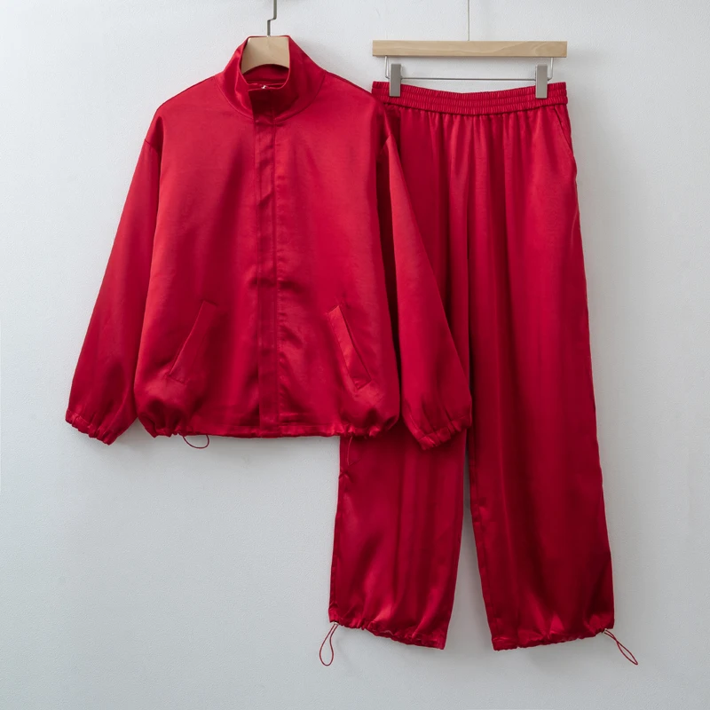 2026 Women Fall Autumn Satin Red Sports style Jacket and Pants sets