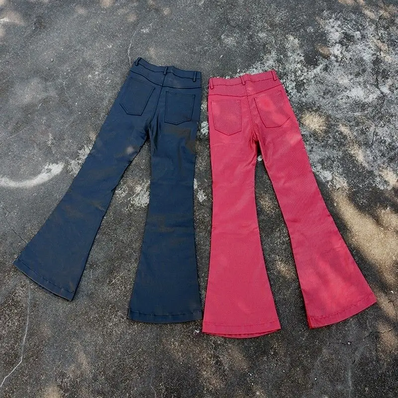 2026 fashionable erd liquid metal coated jeans brushed wax pants hot style high street luxury style black and red