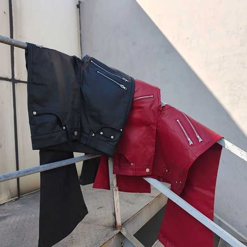 2026 fashionable erd liquid metal coated jeans brushed wax pants hot style high street luxury style black and red