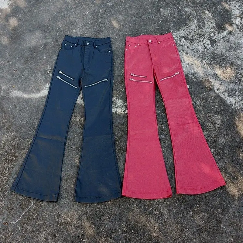 2026 fashionable erd liquid metal coated jeans brushed wax pants hot style high street luxury style black and red