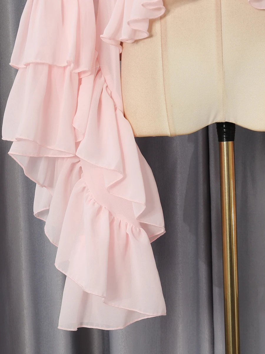 TWOTWINSTYLE Flower Slim Two Piece Sets for Women Halter Off Shoulder Flare Sleeve Top Patchwork Folds Skirt Solid Set Female