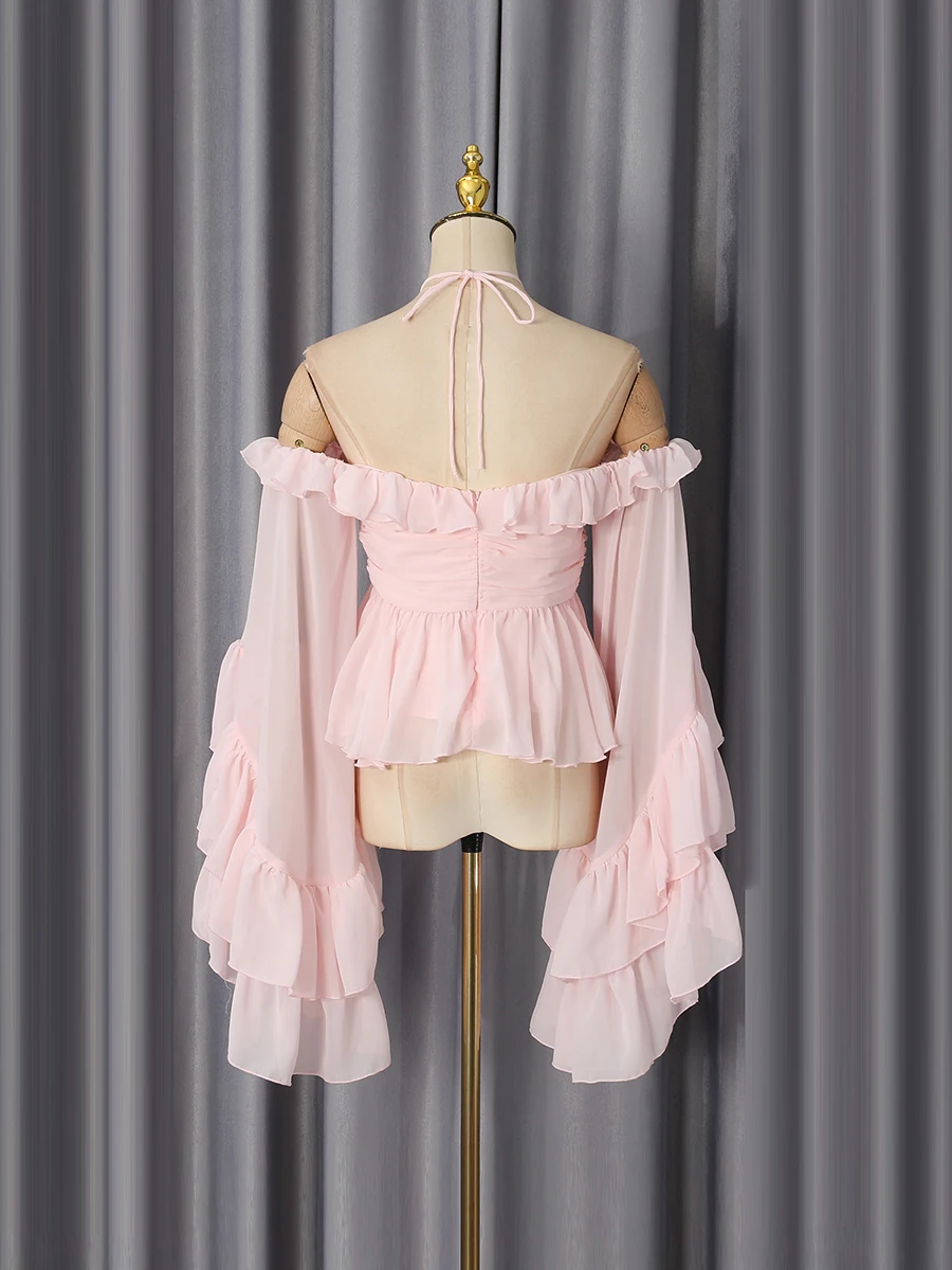 TWOTWINSTYLE Flower Slim Two Piece Sets for Women Halter Off Shoulder Flare Sleeve Top Patchwork Folds Skirt Solid Set Female