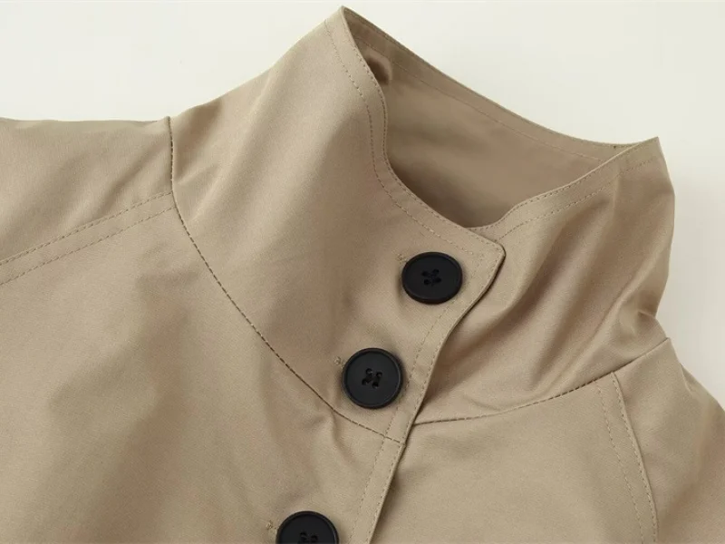 2026 Urban Style Spring Short Trench Coat Women Stand Collar Double Breasted Belted Casual Comfortable Outwear for Daily Travel