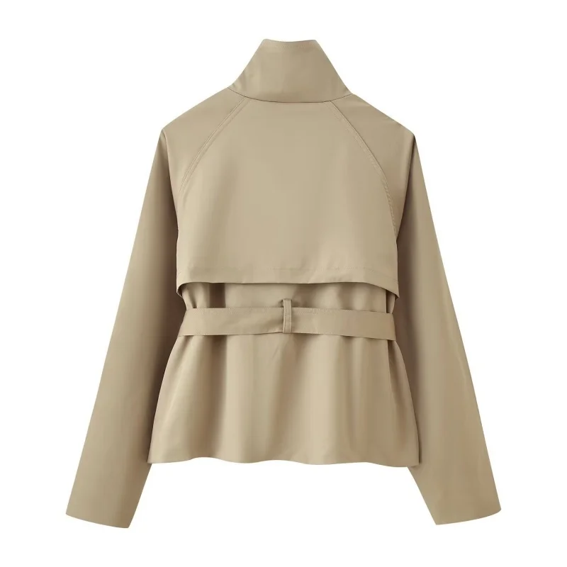 2026 Urban Style Spring Short Trench Coat Women Stand Collar Double Breasted Belted Casual Comfortable Outwear for Daily Travel