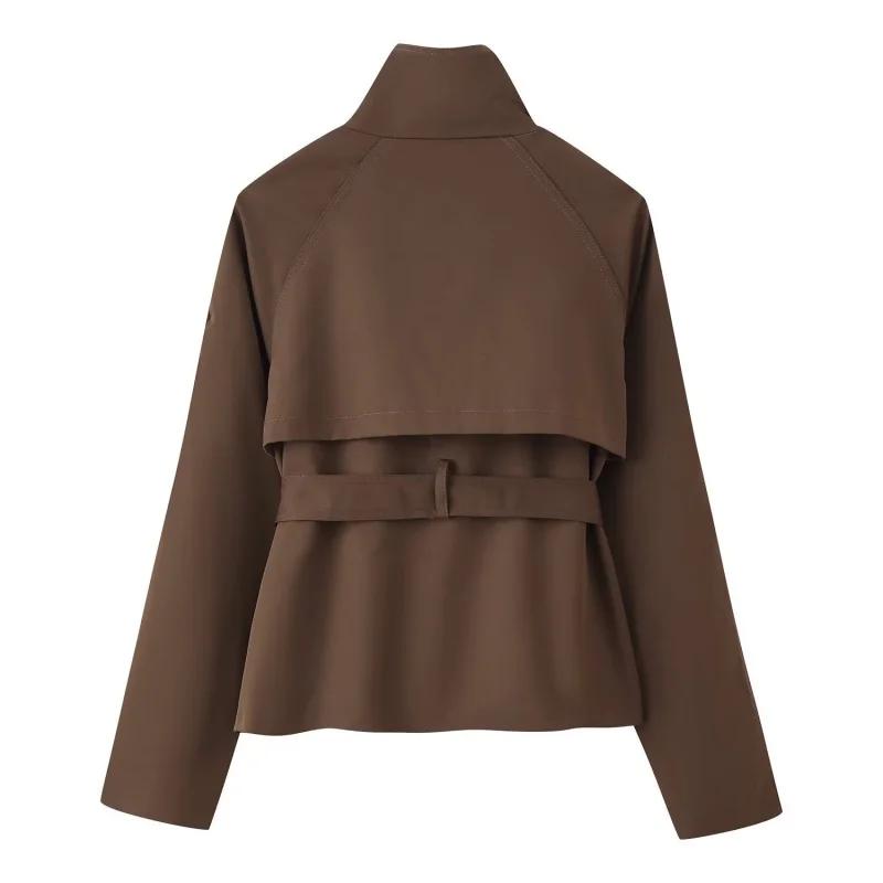 2026 Urban Style Spring Short Trench Coat Women Stand Collar Double Breasted Belted Casual Comfortable Outwear for Daily Travel