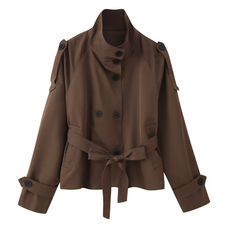 2026 Urban Style Spring Short Trench Coat Women Stand Collar Double Breasted Belted Casual Comfortable Outwear for Daily Travel