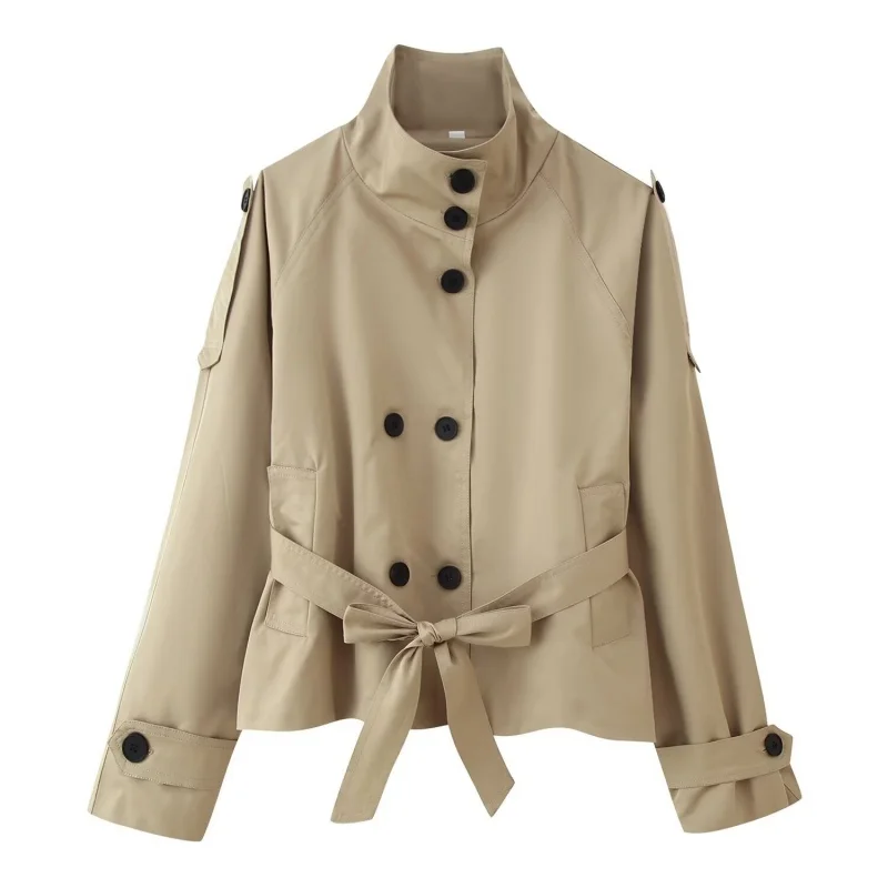 2026 Urban Style Spring Short Trench Coat Women Stand Collar Double Breasted Belted Casual Comfortable Outwear for Daily Travel