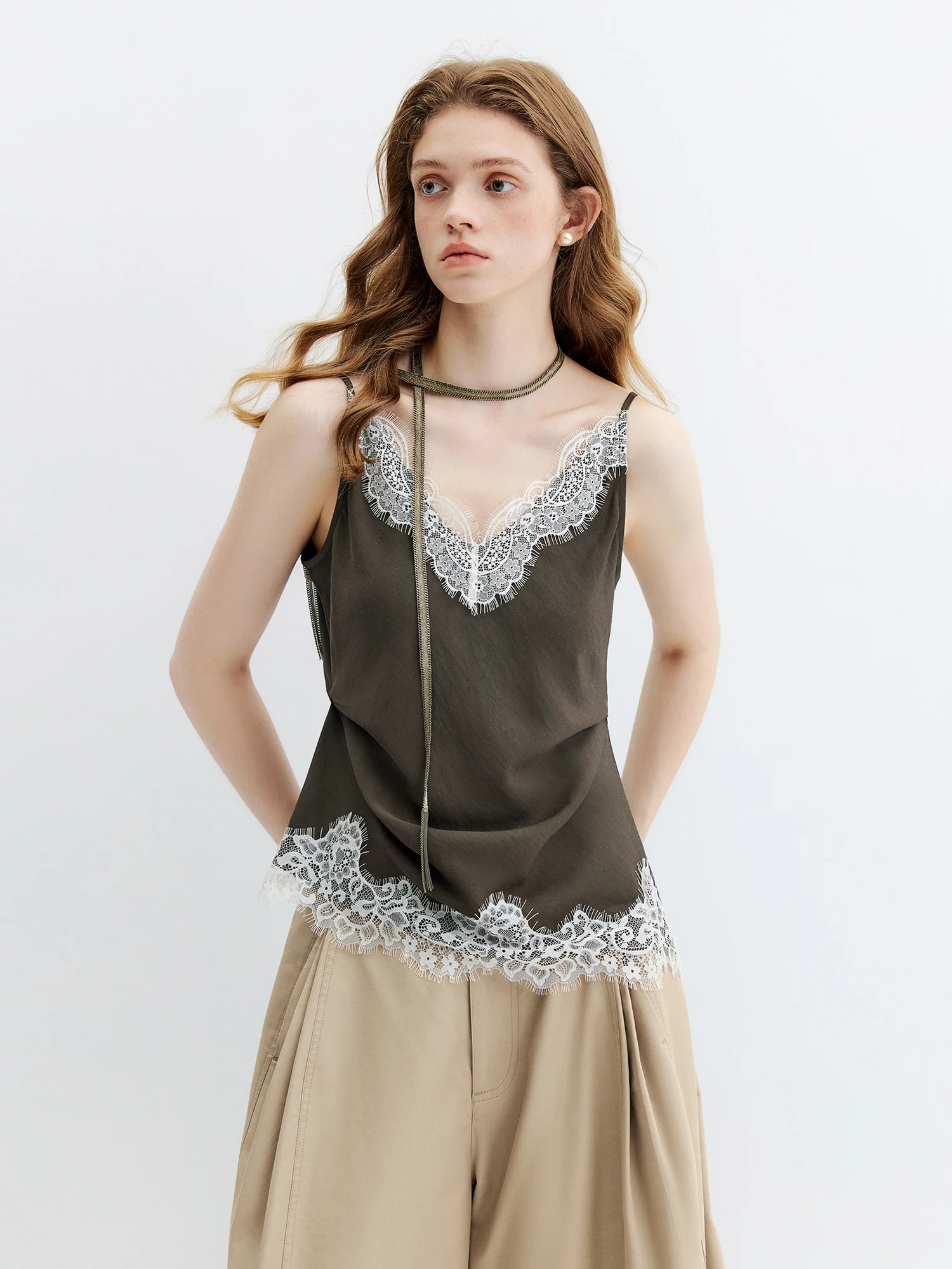 FSLE【Premium Series】Summer Women's Lace Trim Linen Blend Camisole, Waist-Cinching Layering Top for Romantic Everyday Chic Style