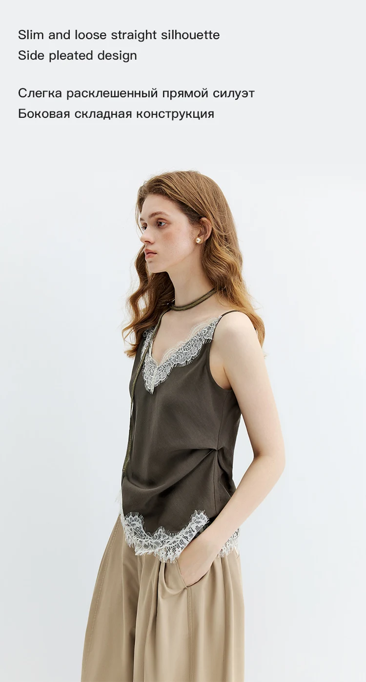 FSLE【Premium Series】Summer Women's Lace Trim Linen Blend Camisole, Waist-Cinching Layering Top for Romantic Everyday Chic Style