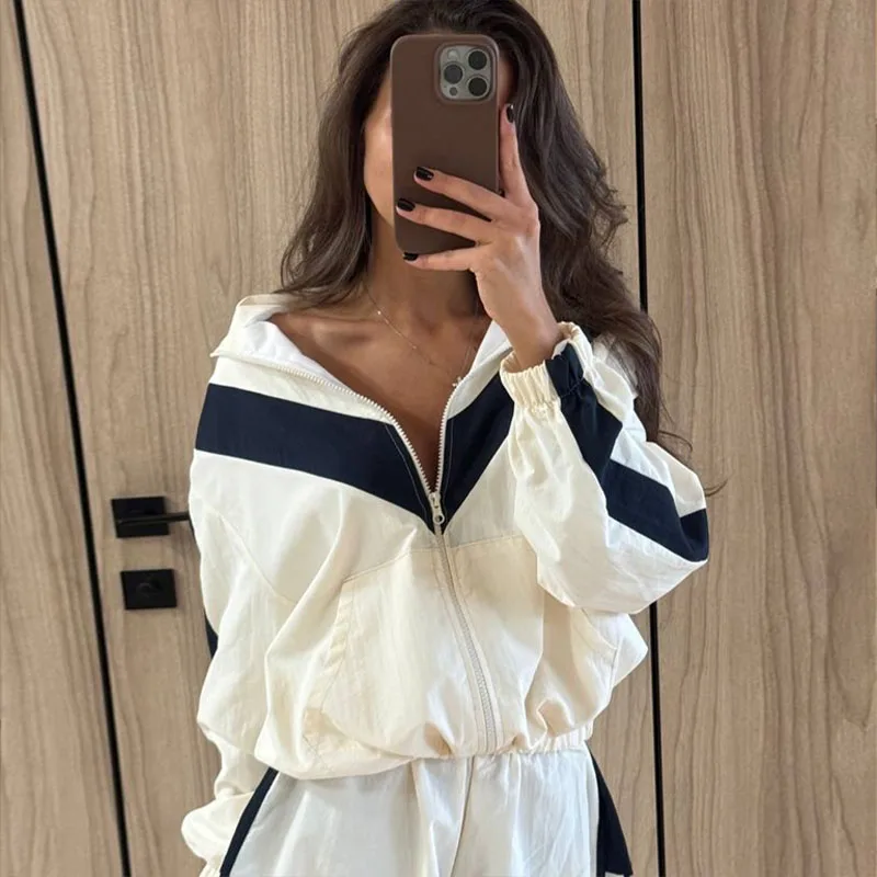 Contrast Color Zipper Jacket Trousers Set Women's Casual Lapel Full Sleeve Coat Loose Wide Leg Pants 2026 Autumn Lady Tracksuits